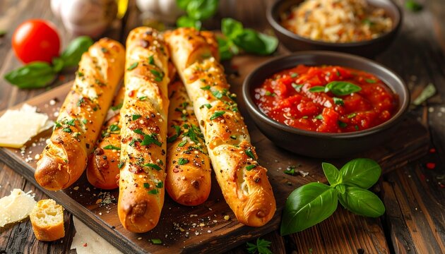 Close-up of breadsticks with red sauce, fresh basil, and rice, all on a wooden surface with a tomato and cheese
