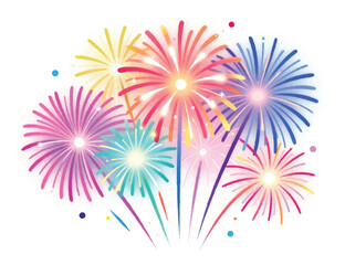 Colorful fireworks bouquet with sparkling stars and magical light effects isolated on white background for festival design © Shahnaz