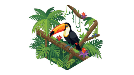 Naklejka premium Tropical toucan perched on lush jungle branch scene