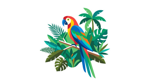 Colorful parrot perched among tropical leaves and trees