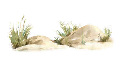 Sand and grass, hand-drawn watercolor illustration. Sandy coastline. Isolated on white background. Design objects. © Anastasiia