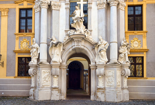 Ornate Baroque Portal and Statues of Durnstein Abbey in Wachau Valley, Austria