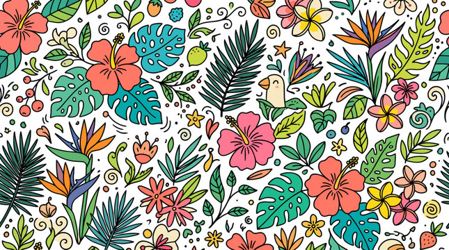 Colorful floral pattern with tropical leaves and flowers