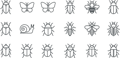 Set of 16 Insect Icons Featuring Butterflies, Bees, Beetles, and Snails for Nature, Ecology, and Environmental Design © Bahadur