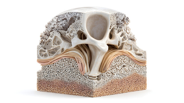 Detailed cross section medical model of human skull with bone structure showing cranial cavity and facial bones on white background