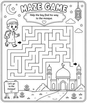 Islamic Maze Game for Kids - Help the Muslim Boy Find His Way to the Mosque Coloring Activity Sheet