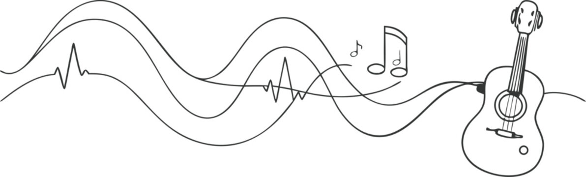 Minimal line drawing of music notes sound waves and acoustic guitar on white