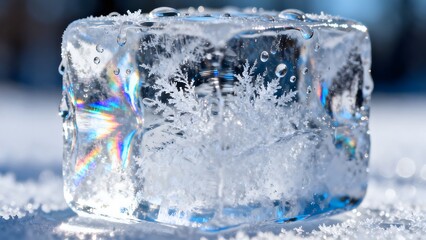 Naklejka premium Ice cube with frost and water droplets