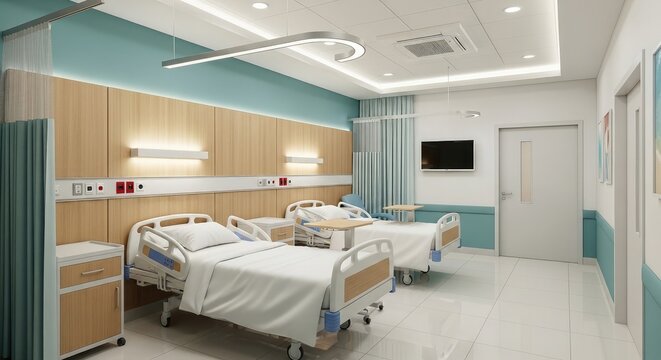 Modern hospital room with two beds and advanced medical equipment