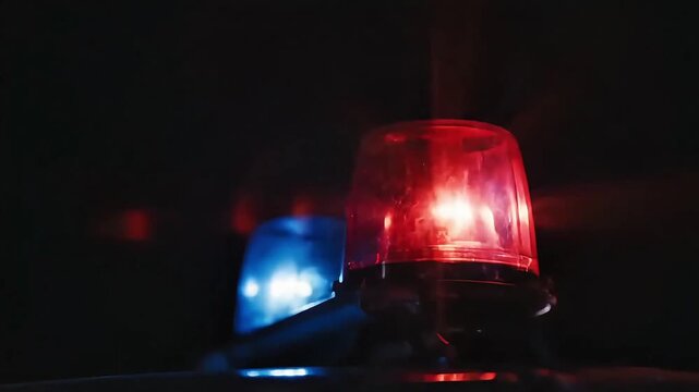 Flashing police car lights in the dark, red and blue emergency beacon illuminated, signaling an incident