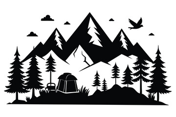 Obraz premium mountains and fir trees camping adventure wildlife silhouette line art vector illustration