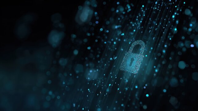 Cybersecurity Fortress: A digital lock, shimmering amidst a field of data particles, symbolizing the vital protection of information and data integrity within the digital sphere. 