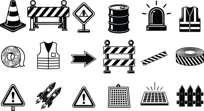 Construction equipment and warning signs black silhouettes on a white background
