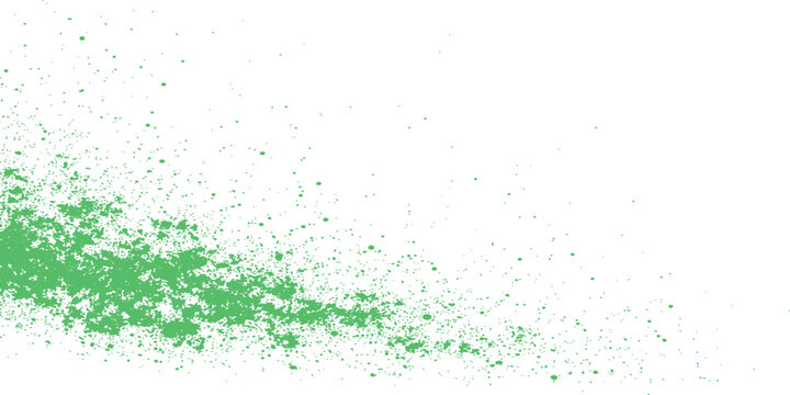 Green Paint Splatter Streak. Abstract grunge splash line with scattered droplets on white background