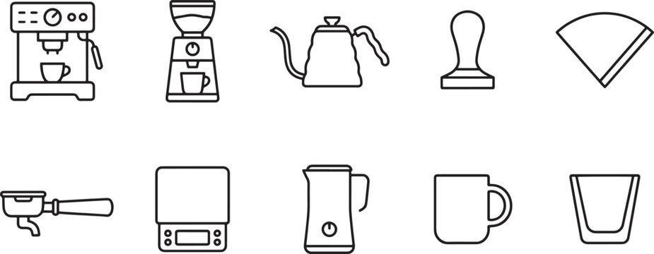 Set of coffee making tools and equipment icons including espresso machine grinder kettle tamper filter portafilter scale milk frother mug and glass for cafe and barista shop design Vector