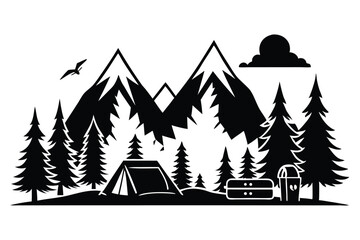 Obraz premium mountains and fir trees camping adventure wildlife silhouette line art vector illustration