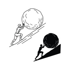 man pushing boulder uphill line drawing on white background © Fariaislam