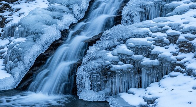 Frozen waterfall cascades over icy rocks in a serene winter landscape.