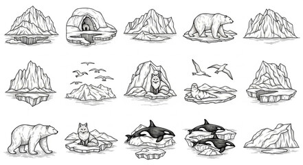 Collection of hand drawn icebergs polar bears and arctic animals. © wahid