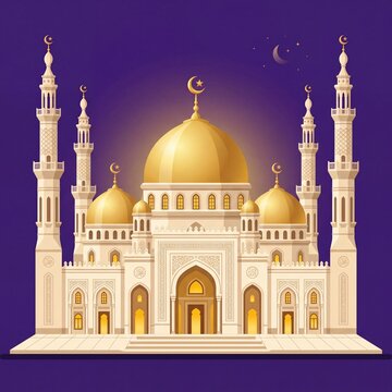 Grand golden domed mosque with minarets against a purple night sky with crescent moon, islamic archi