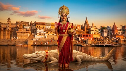 Obraz premium Ganga Mata at Varanasi Ghats – Golden Sacred River Reflection