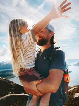 Family summer vacations - father and daughter playing together outdoor, child with dad hiking happiness moments vibes candid emotions parent carrying kid girl, Father's day holiday