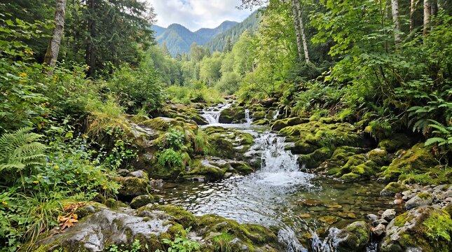 Design a calming scene of a cascading mountain stream where water slips over moss-covered rocks surrounded by lush greenery.

