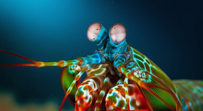 Vibrant mantis shrimp with striking eyes explores the colorful ocean depths.