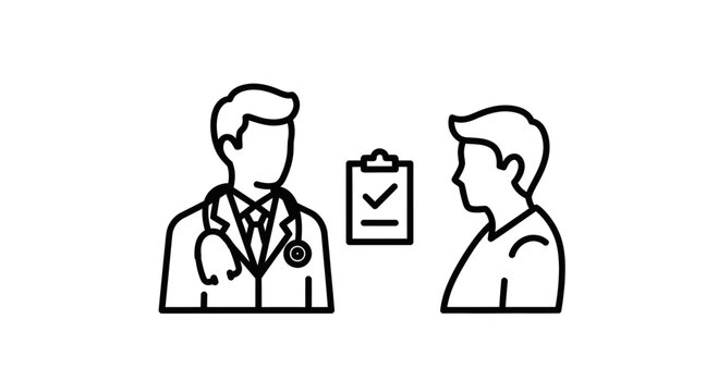 Doctor and patient with checklist, medical consultation, healthcare concept, line art icon