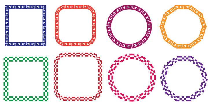 Checkerboard & Greek Meander shape , squire, round , etc. on white background  