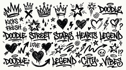 Hand drawn bold brush star, arrow, skull and crown. Graffiti bold brush drawn figures for collages, grunge street art design, rock and roll aesthetic © Sunjida Akter