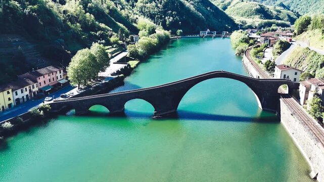 Aerial view of Devil&rsquo;s Bridge Ponte della Maddalena Borgo a Mozzano Tuscany