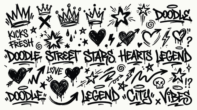 Hand drawn bold brush star, arrow, skull and crown. Graffiti bold brush drawn figures for collages, grunge street art design, rock and roll aesthetic