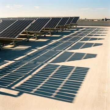 Rows of solar panels casting long shadows on a rooftop under a clear blue sky.