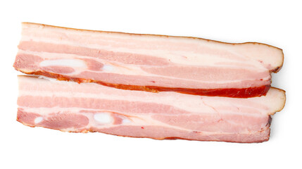 Obraz premium Pieces of smoked bacon isolated on white, top view