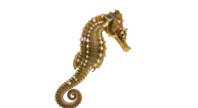 Golden seahorse with intricate bony plates, majestic marine life specimen, detailed underwater creature with curled tail and textured skin isolated on White Background