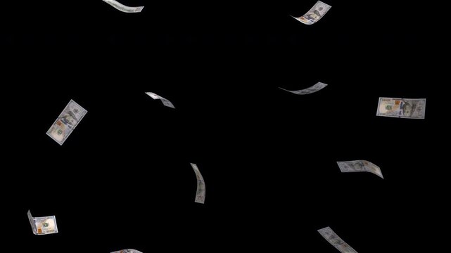 A small amount of realistic 100 dollar bills falls from top to bottom with natural floating motion. 4K 3D animation with alpha channel. The animation has a clear start and end.