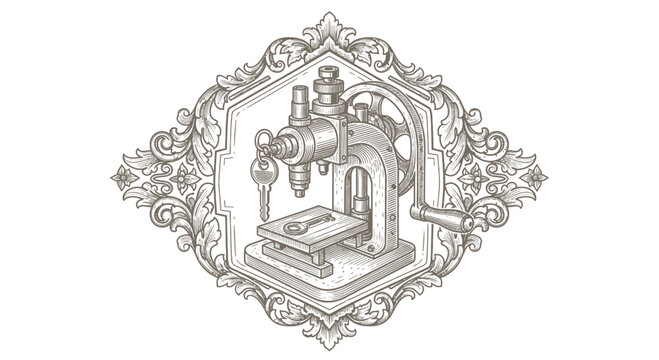 Vintage Engraved Industrial Machine in Ornate Frame