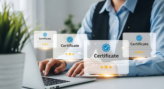 Professional achieving online certification and quality assurance, working on laptop with virtual recognition badges and star ratings for career advancement