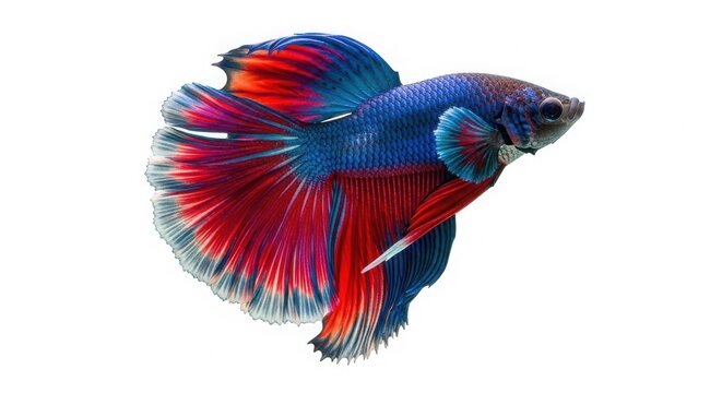 Vibrant Siamese fighting fish with blue and red fins, elegant Betta splendens swimming, colorful tropical aquarium fish with flowing tail isolated on White Background