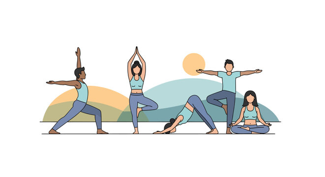 Four people practicing yoga outdoors at sunrise