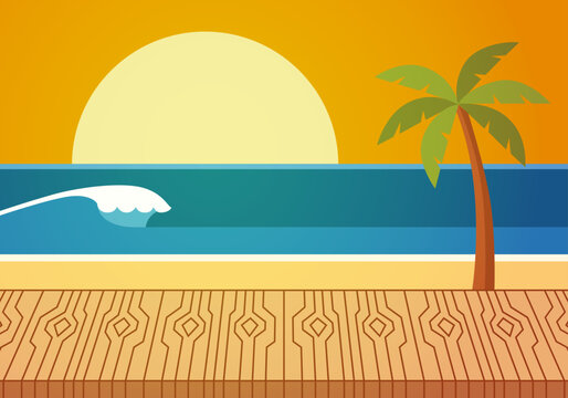 Paisaje costero tropical con palmera y sol poniente visto desde una plataforma de madera