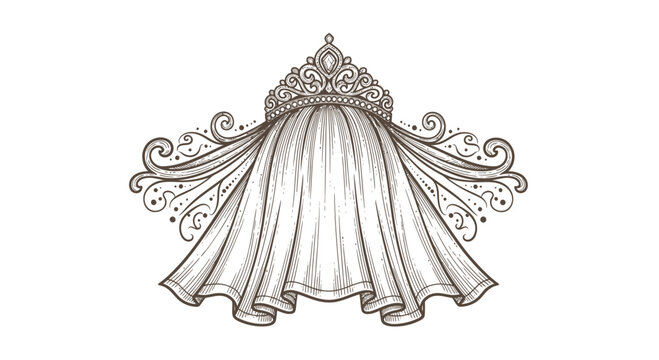 Vintage Bride Veil Tiara Crown Wedding Bridal Accessory Hand Drawn Sketch