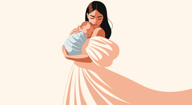 happy mother holding newborn baby in arms, love and care