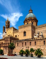 Obraz premium Large ornate cathedral with domed roof, clock tower, and surrounding walls under a blue sky, palm trees in foreground