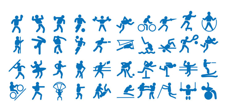 Collection of blue sport icons pictogram set for Olympic games and fitness 