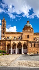 Fototapeta premium Large ornate cathedral with detailed architecture under a bright blue sky filled with fluffy white clouds, with arched walkways