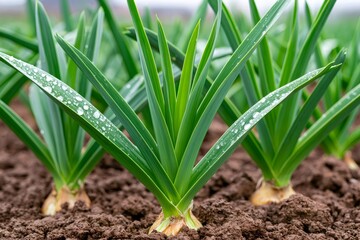 Fototapeta premium Young garlic plants growing in organic garden soil
