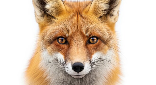 Red fox portrait with intense amber eyes, majestic wild animal face close up, detailed orange fur texture of a vulpes vulpes, wildlife photography isolated on White Background