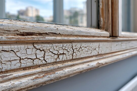 Peeling paint on an old weathered window frame